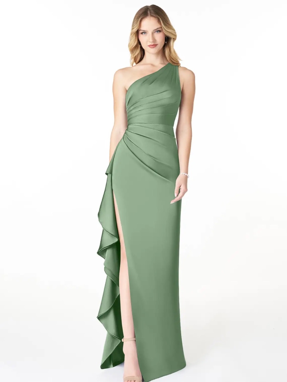 Azazie One-Shoulder Sage Green Ruffled Slit Gown
